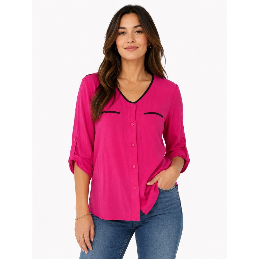 Worthington Button Down Blouse Womens Size M Pink 3/4 Roll Tab Sleeve Barbiecore